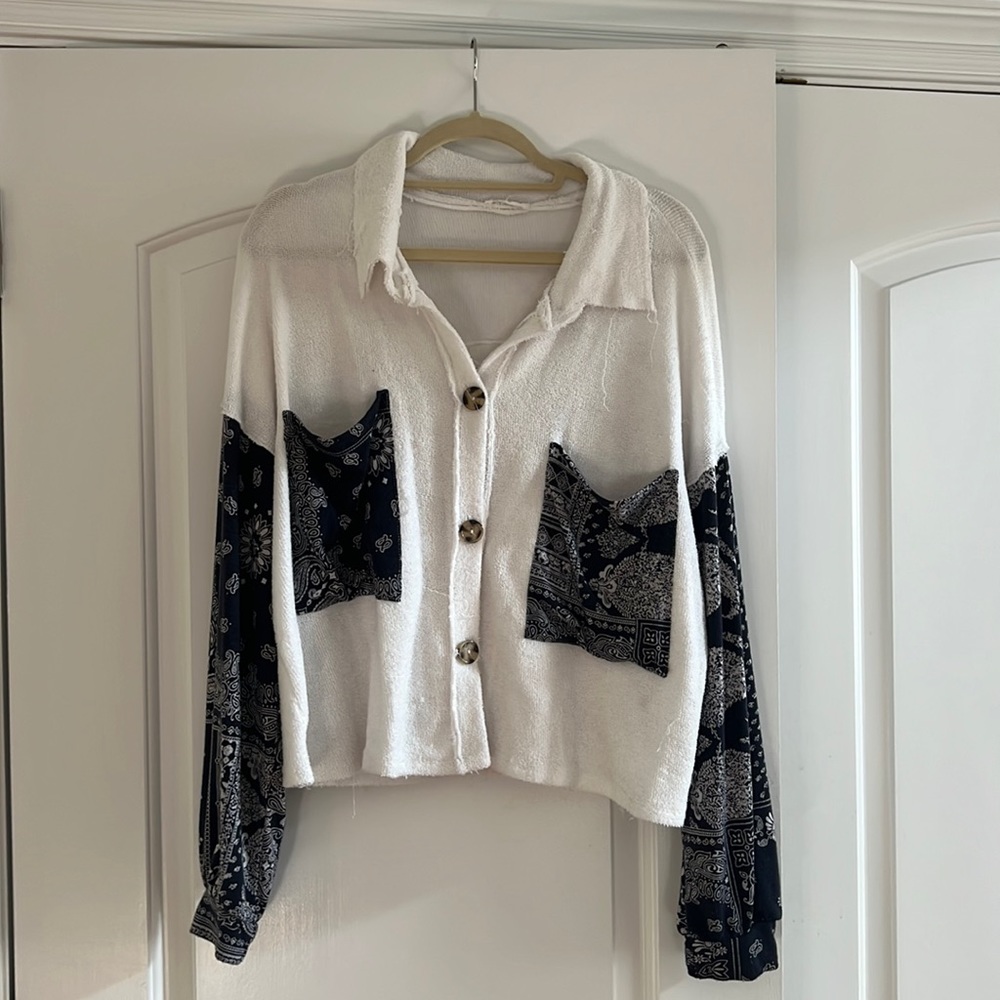 Blue and white terry cloth blouse with bandana print accents!!!